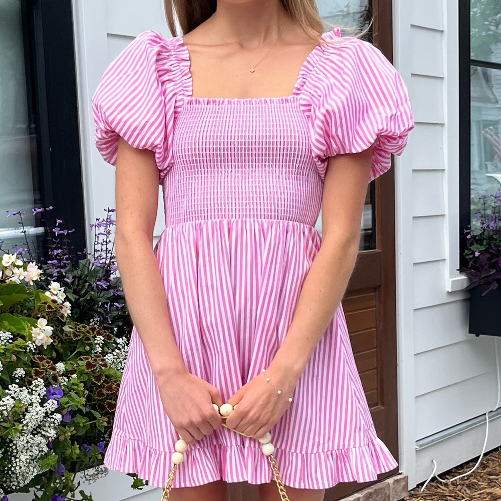 Pink striped smocked mini dress